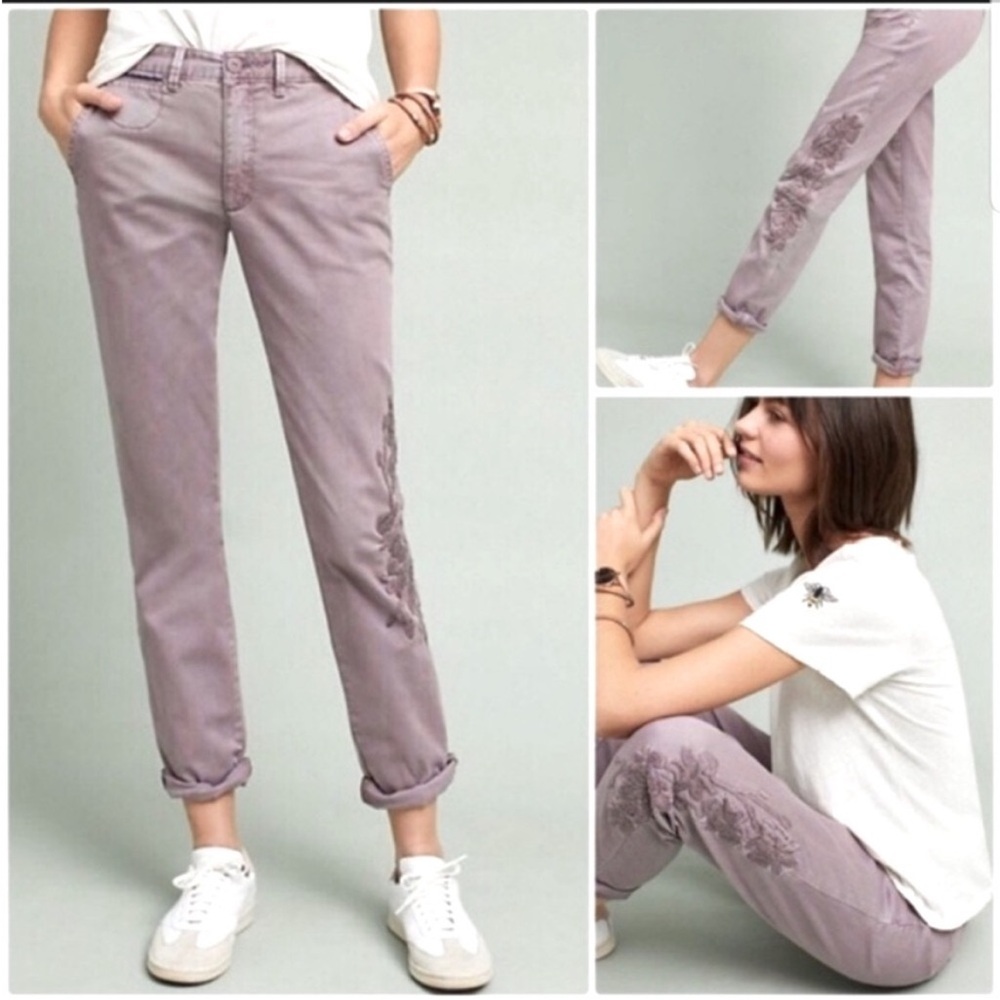 Anthropologie Relaxed Embroidered Chino Pants Purple Floral NWT Size 24